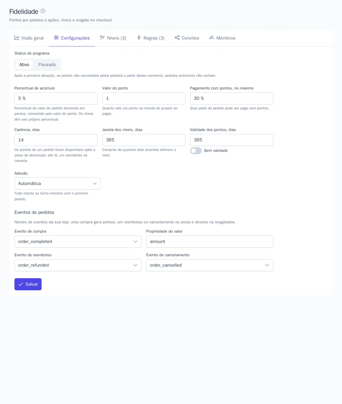 Configurações do programa de fidelidade
