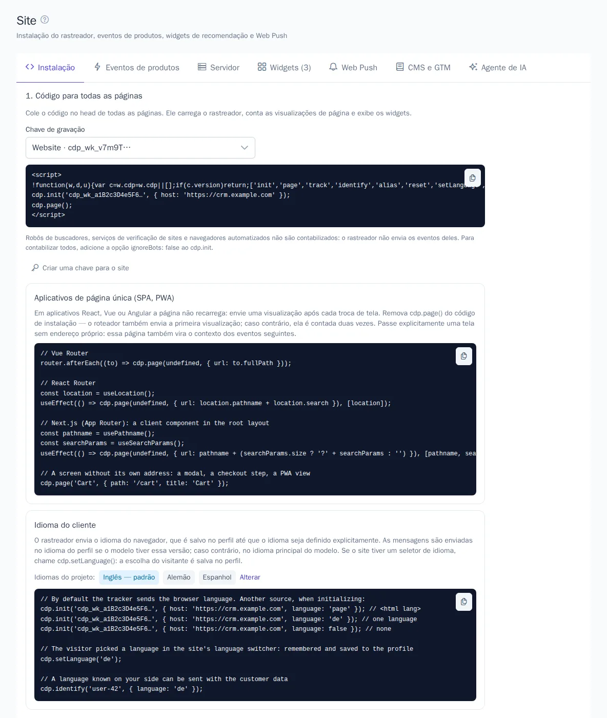 Aba “Instalação”: código do rastreador e verificação da instalação