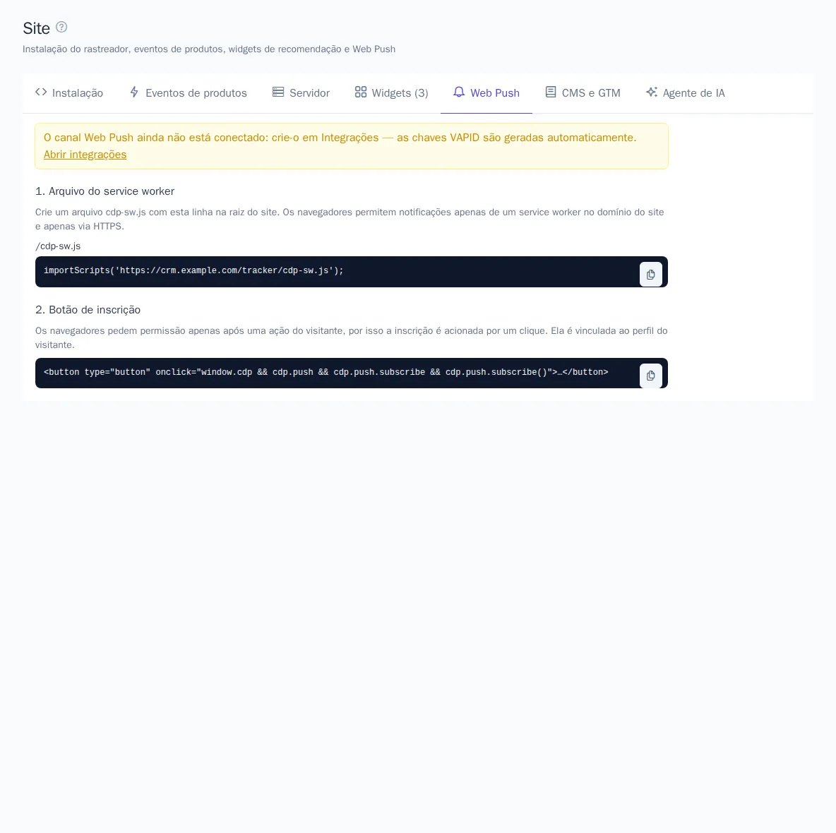 Aba “Web Push”: status do canal e código para o site