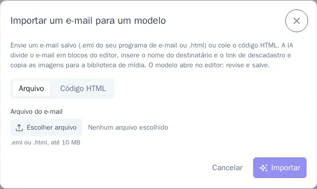 Janela de importação de e-mail