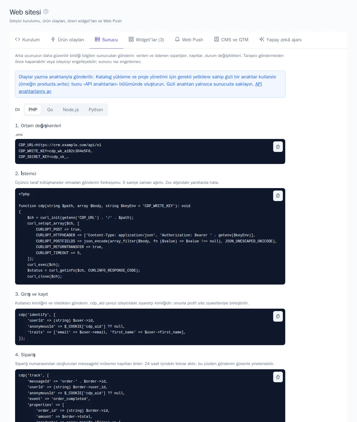 PHP örnekleriyle “Sunucu” sekmesi