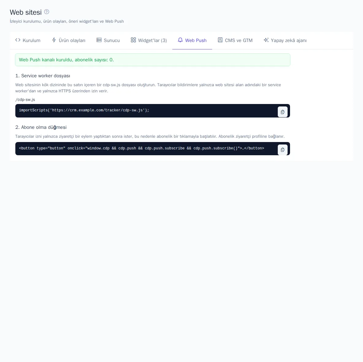 “Web Push” sekmesi: kanal durumu ve web sitesi kodu