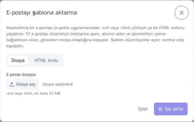 E-posta içe aktarma penceresi