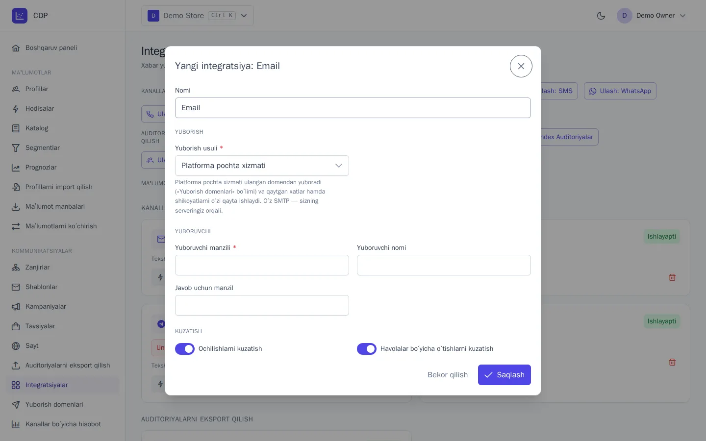 Email integratsiyasini ulash oynasi