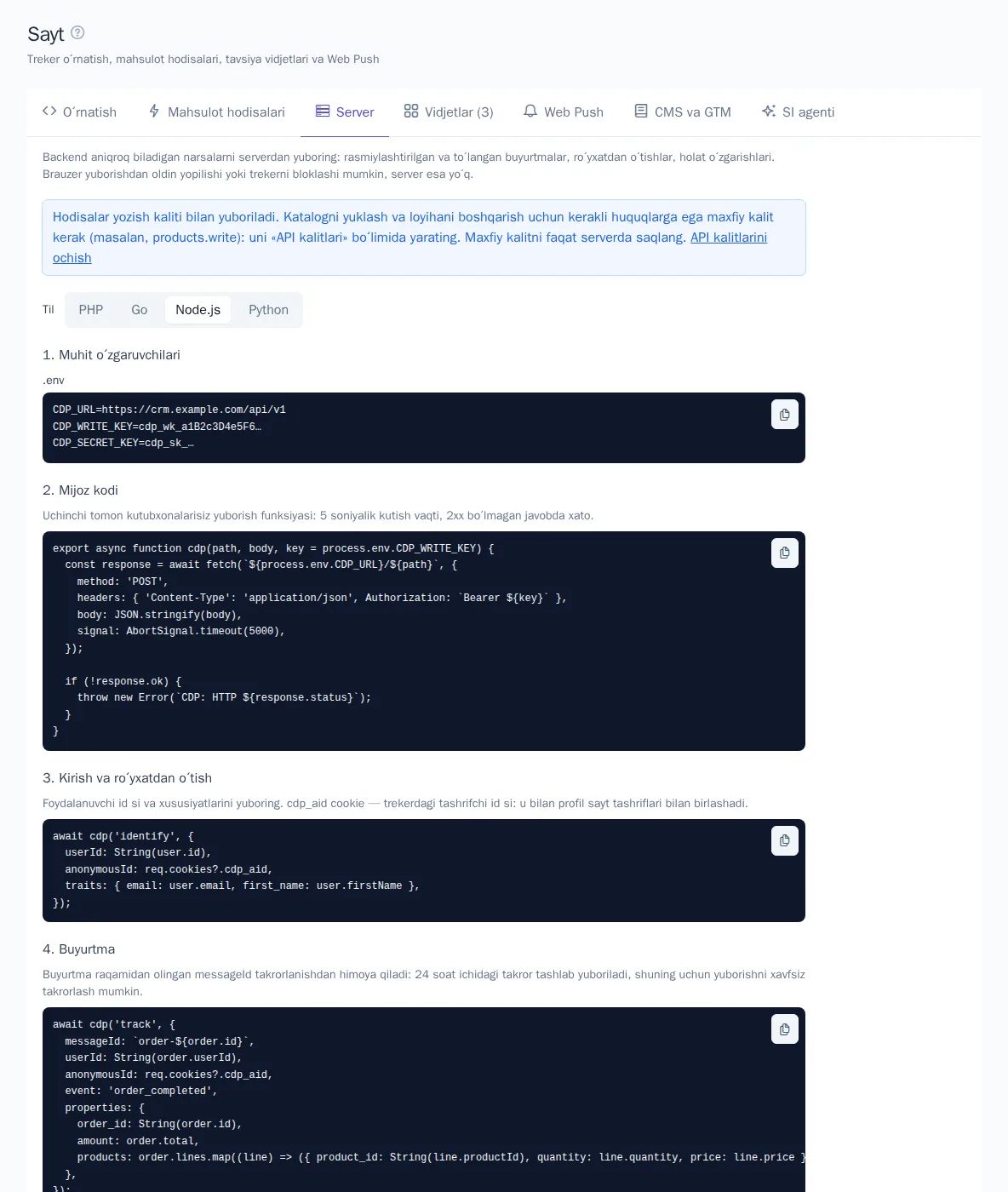 Node.js misollari bilan «Server» yorligʻi