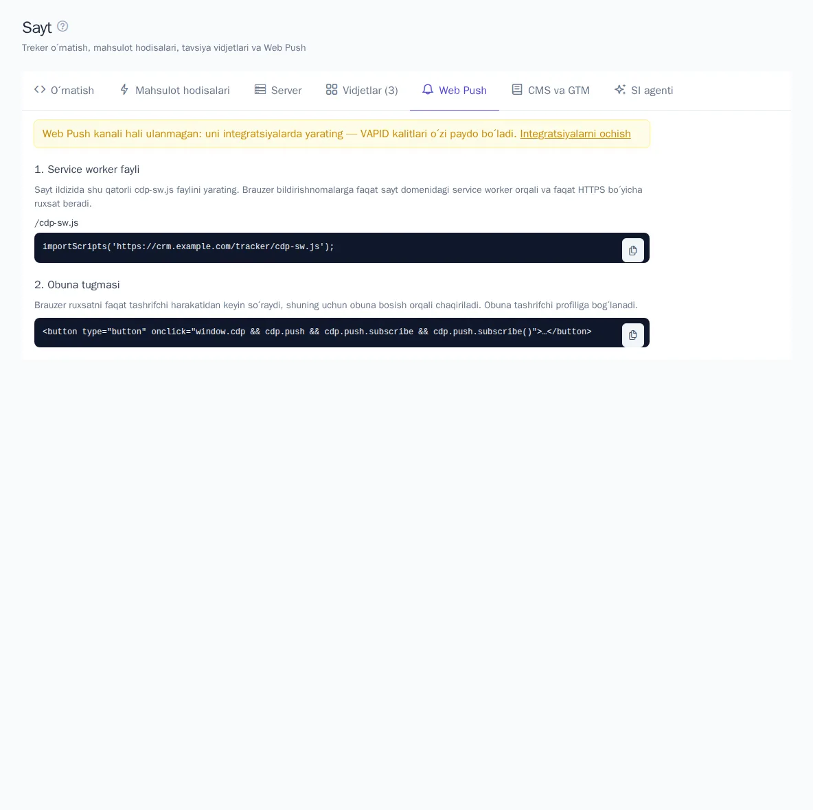 «Web Push» yorligʻi: kanal holati va sayt uchun kod