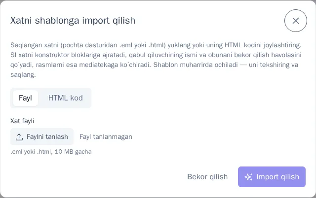 Xatni import qilish oynasi